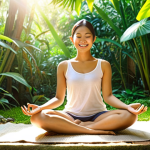 **Image Prompt:** A serene Thai woman meditating in a lush garden, sunlight filtering through the leaves. She is smiling gently, radiating peace and self-acceptance. In the background, subtle hints of past memories are depicted as faded watercolor paintings. The overall mood is calming and hopeful.