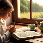 **

A person sitting quietly, journaling about childhood memories. Soft, warm lighting. In the background, a photo album and a comforting cup of herbal tea. Focus on introspection and a peaceful atmosphere. Style: Realistic painting.

**