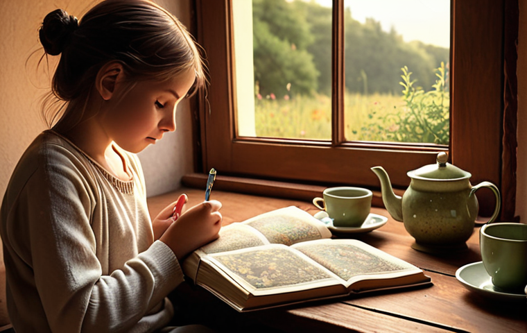 **
A person sitting quietly, journaling about childhood memories. Soft, warm lighting. In the background, a photo album and a comforting cup of herbal tea. Focus on introspection and a peaceful atmosphere. Style: Realistic painting.
**
