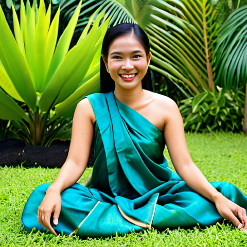 **Self-Acceptance Portrait:** "A Thai woman in her late 20s, smiling genuinely, wearing a traditional Thai silk dress (Suea Phraratchathan), sitting in a lush tropical garden. Safe for work, appropriate content, fully clothed, modest, perfect anatomy, correct proportions, natural pose, professional photography, high quality, family-friendly."
