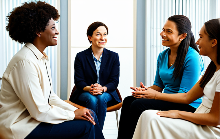 자아 화해를 위한 그룹 세션의 장점 - "A diverse support group meeting indoors, people sharing experiences, empathetic expressions, fully ...