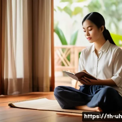 과거 자아 화해를 위한 대화 기법 - A serene young Thai woman sitting cross-legged on a wooden floor in a traditional Thai-style room wi...