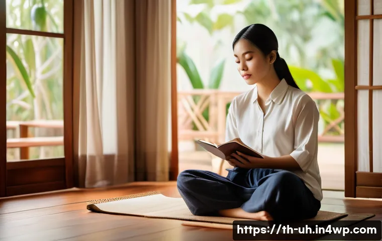 과거 자아 화해를 위한 대화 기법 - A serene young Thai woman sitting cross-legged on a wooden floor in a traditional Thai-style room wi...