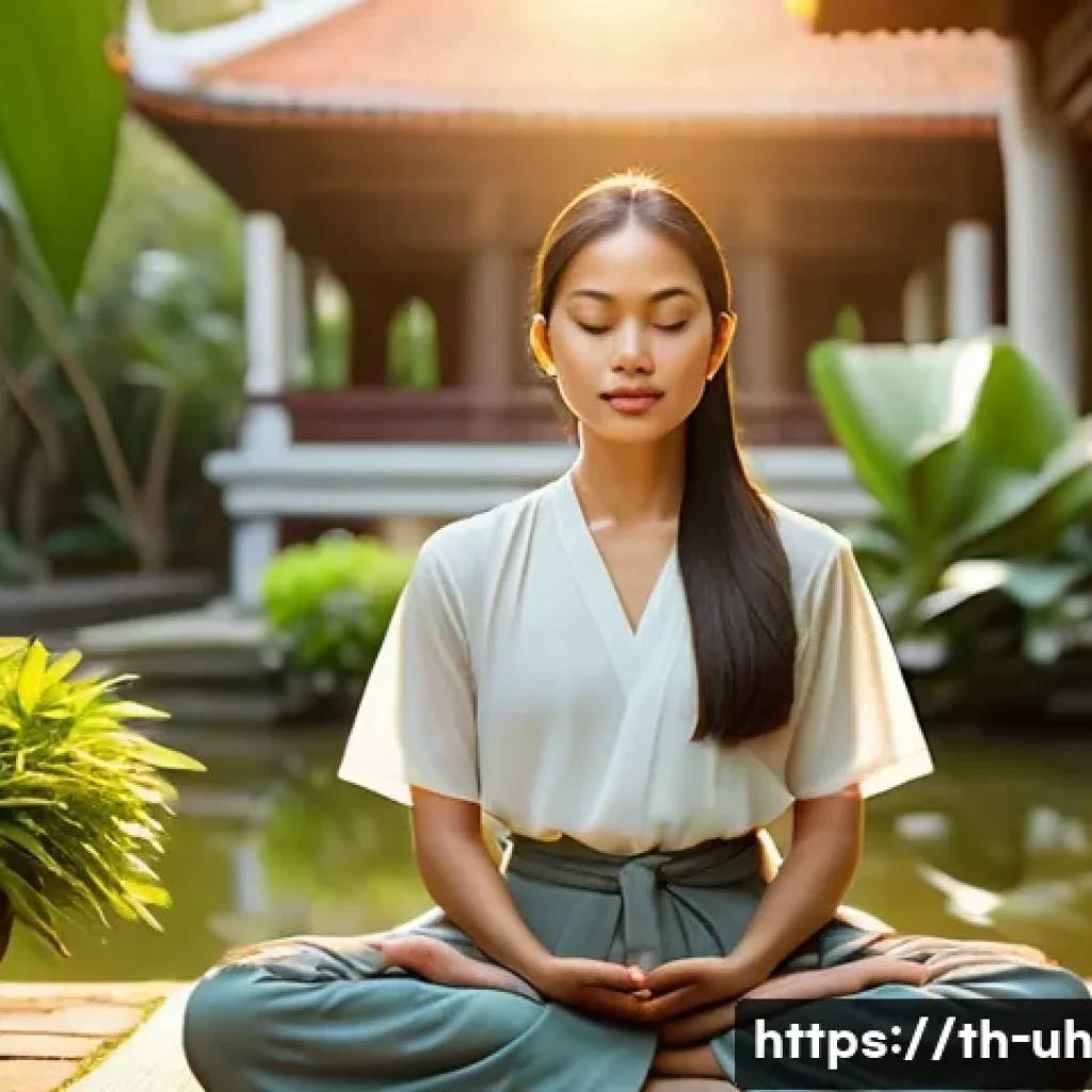 과거 자아 화해의 새로운 접근법과 기법 - A serene Thai woman practicing mindfulness meditation in a tranquil temple garden at dawn, surrounde...