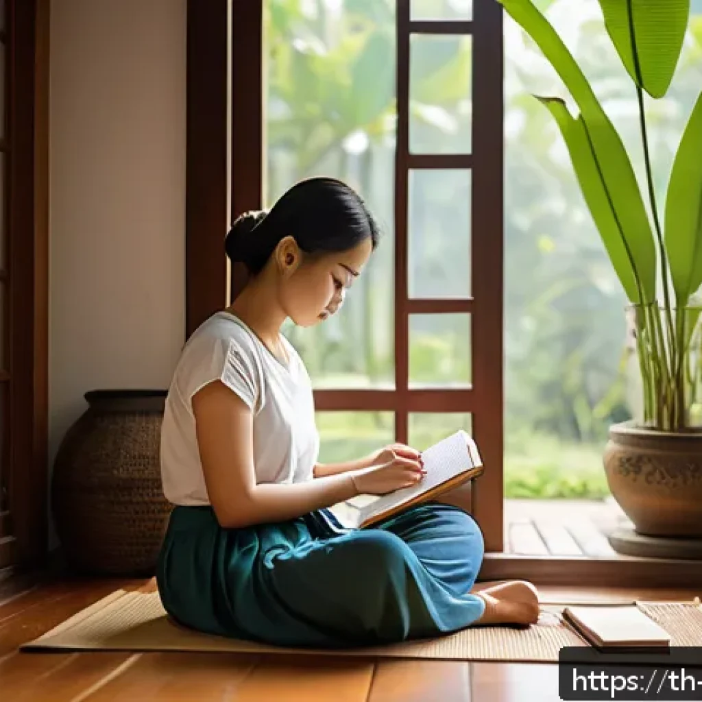 과거 자아와의 대화를 통한 자기 이해 - A serene and cozy morning scene of a young Thai woman sitting cross-legged on a traditional wooden f...