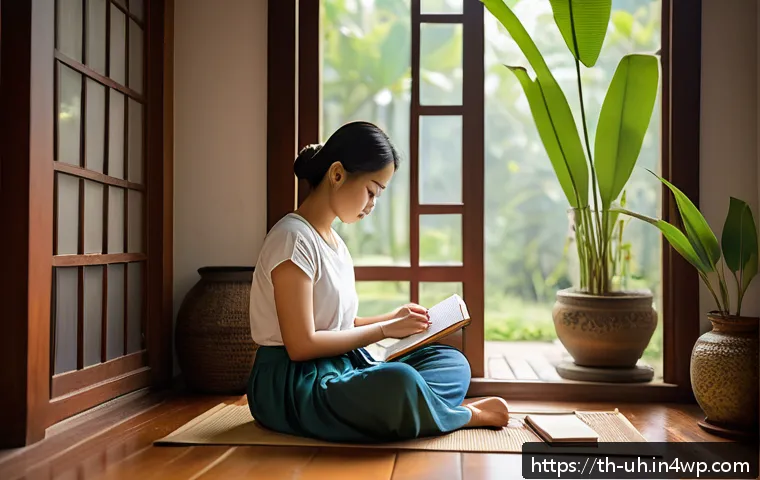 과거 자아와의 대화를 통한 자기 이해 - A serene and cozy morning scene of a young Thai woman sitting cross-legged on a traditional wooden f...