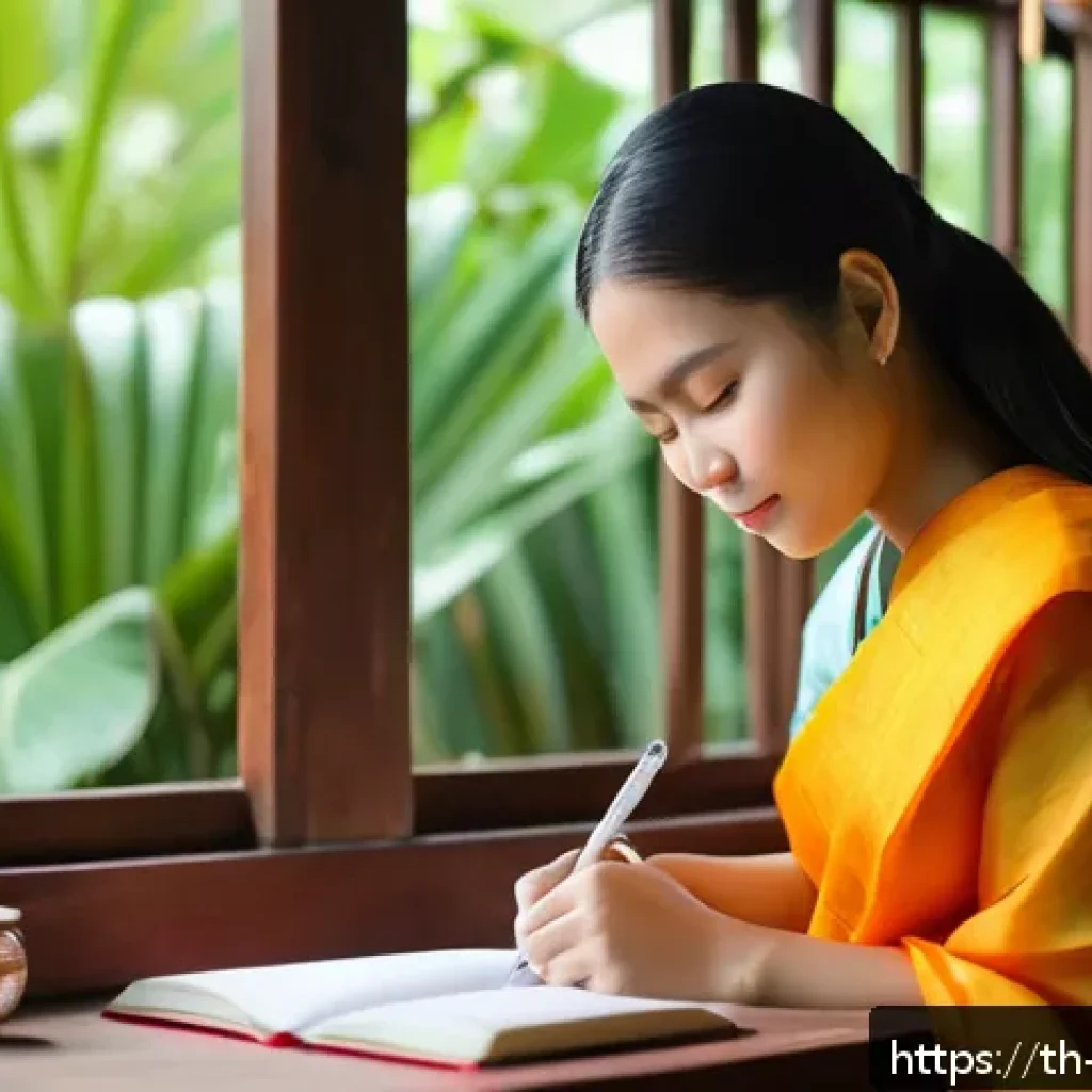 과거 자아 화해를 위한 종합 가이드 - A serene scene of a young Thai woman sitting peacefully in a traditional Thai wooden house, journali...
