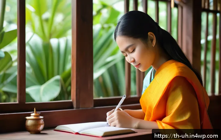 과거 자아 화해를 위한 종합 가이드 - A serene scene of a young Thai woman sitting peacefully in a traditional Thai wooden house, journali...