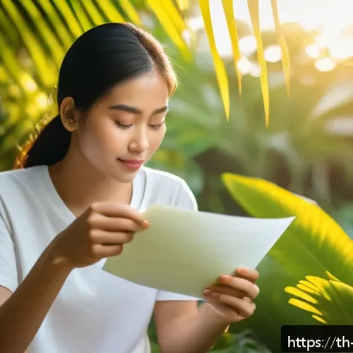 과거 자아와의 대화를 통한 자아 통합 - A serene scene of a young Thai woman sitting peacefully in a lush tropical garden during golden hour...
