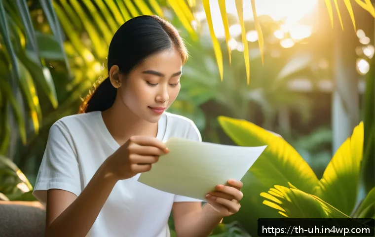 과거 자아와의 대화를 통한 자아 통합 - A serene scene of a young Thai woman sitting peacefully in a lush tropical garden during golden hour...