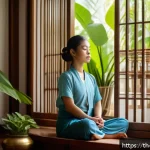 과거 자아 화해와 관계 개선의 상관관계 - A serene scene of a young Thai woman sitting peacefully in a traditional Thai-style room, practicing...