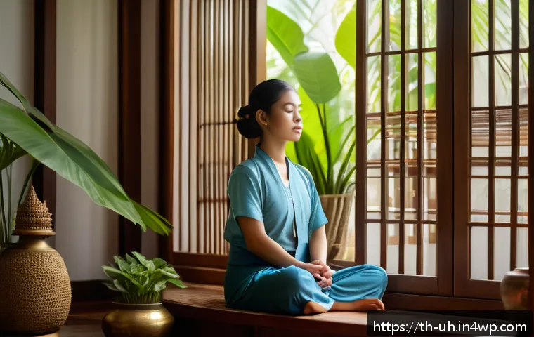 과거 자아 화해와 관계 개선의 상관관계 - A serene scene of a young Thai woman sitting peacefully in a traditional Thai-style room, practicing...