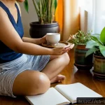 Home 23 과거 자아 화해의 지속적인 관리 방법 - Photorealistic serene morning in a Bangkok apartment, a Thai woman in her thirties sitting comfortab...