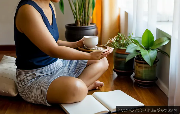 과거 자아 화해의 지속적인 관리 방법 - Photorealistic serene morning in a Bangkok apartment, a Thai woman in her thirties sitting comfortab...